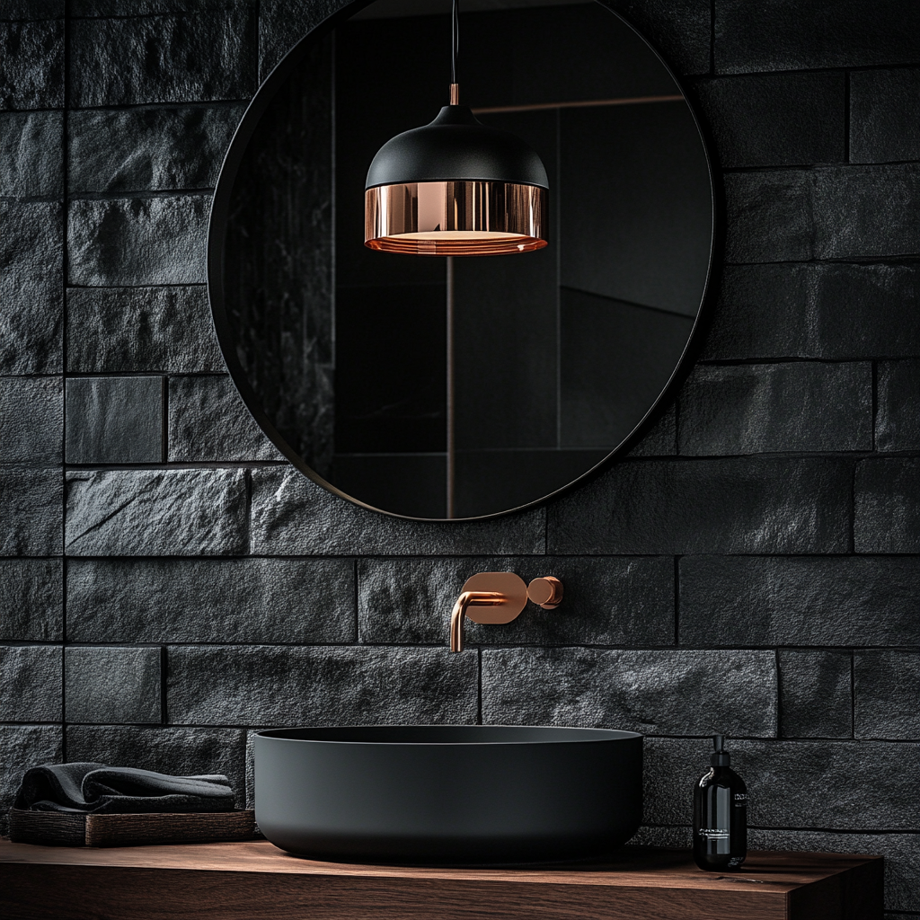 Elegant dark bathroom with stone tiles and mirror