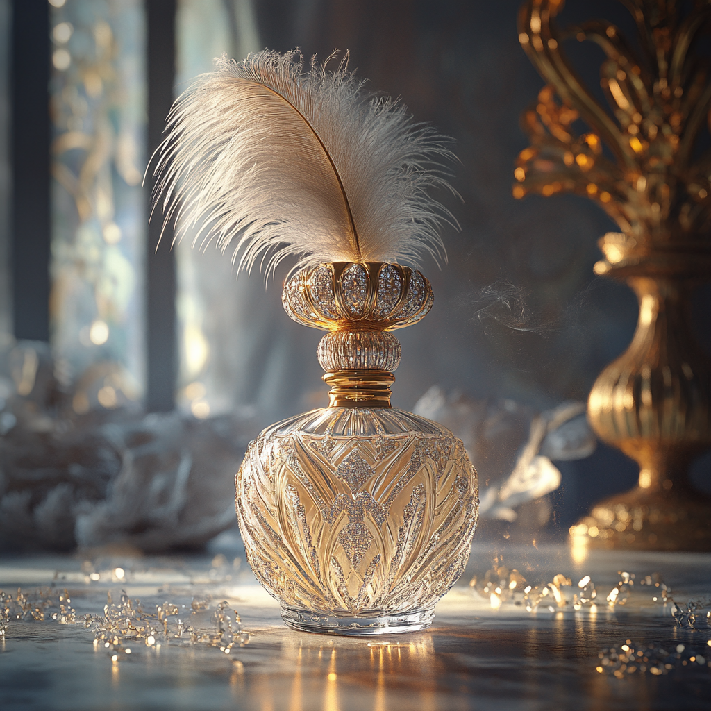 Elegant golden feathered perfume bottle in luxurious setting