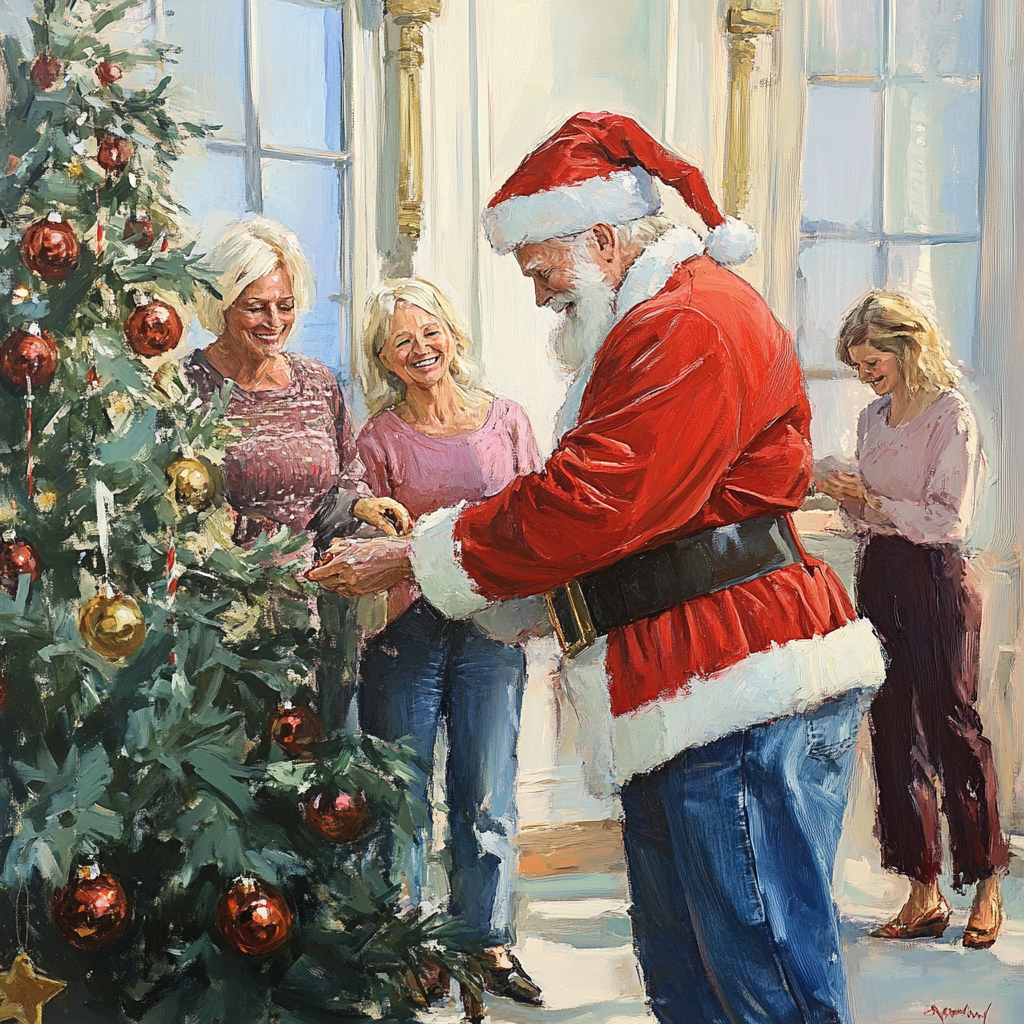 Elegant older ladies decorate tree with Santa