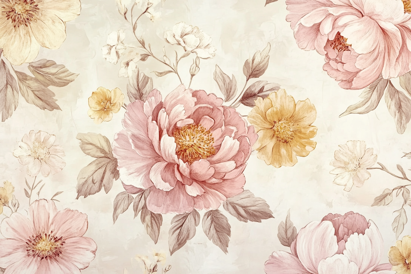 Elegant vintage floral wallpaper with soft pastel tones.