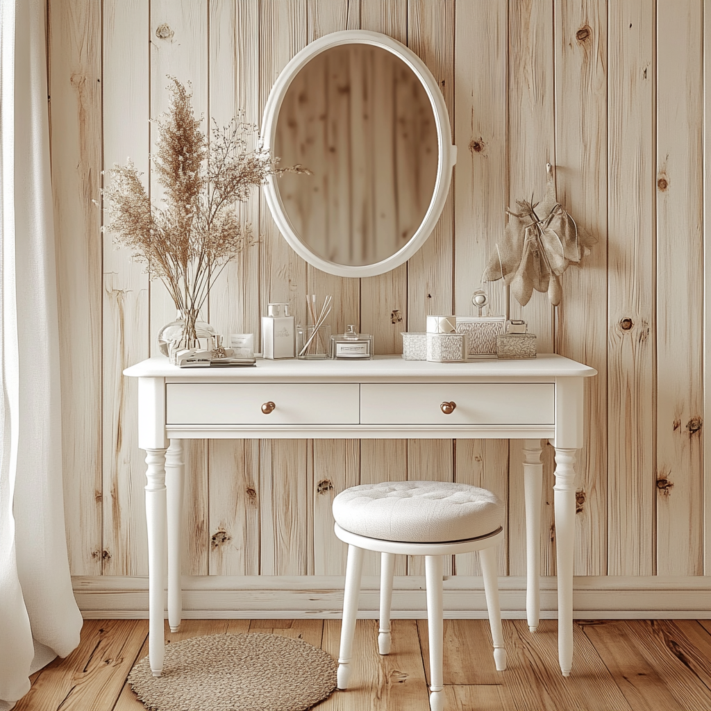 Elegant white vanity table in cozy home interior