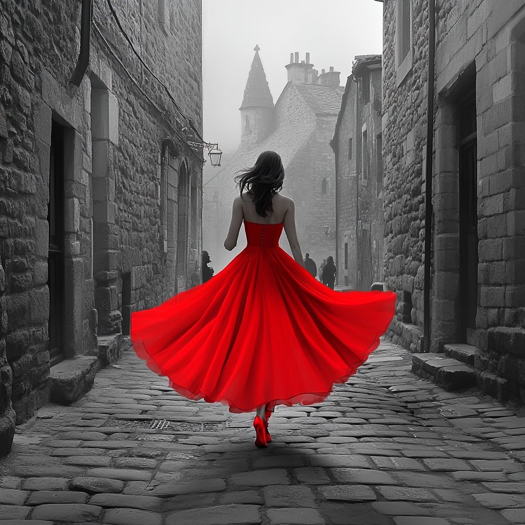 Elegant woman in red dress walking alley scene.