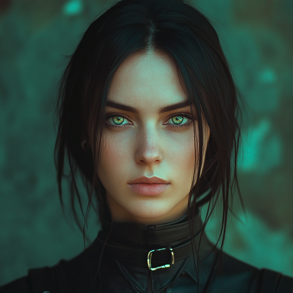 Elegant woman with raven hair and green eyes