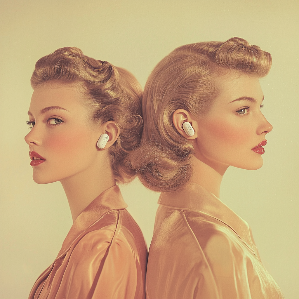 Elegant women in 1950s Apple AirPod ad.