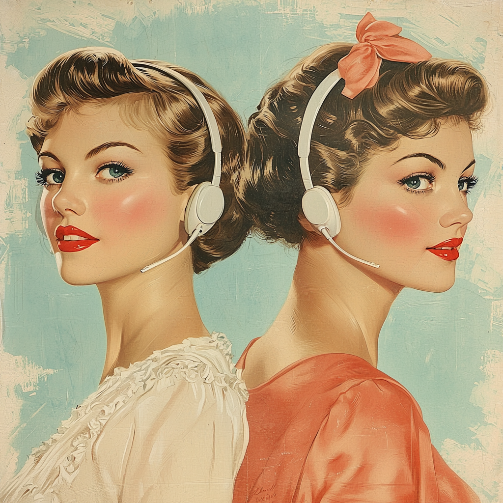 Elegant women with AirPods in retro 1950s style.