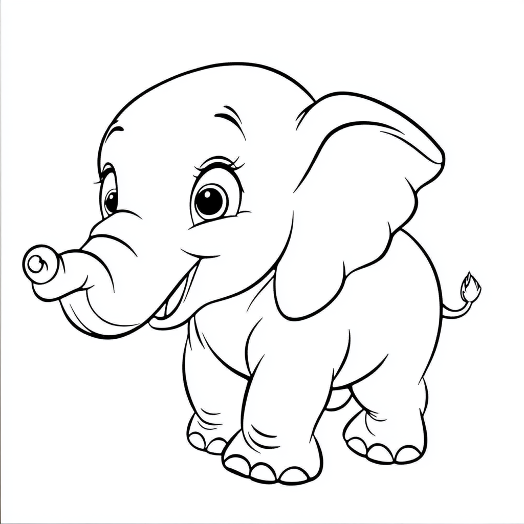 Elephant coloring page for kids, cartoon style, dreamlike.