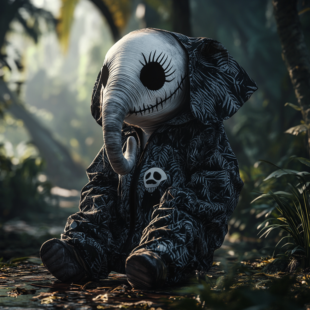 Elephant cosplaying as Jack Skellington in jungle.