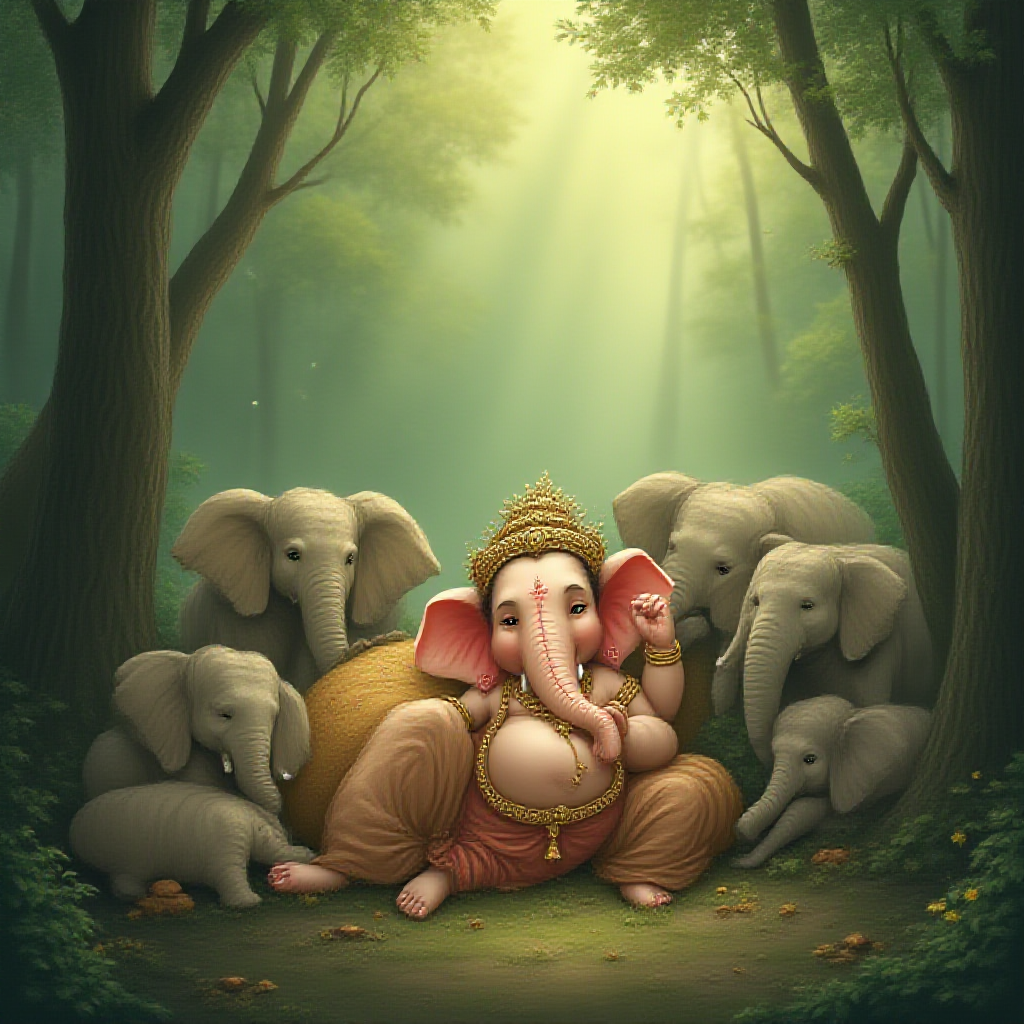 Elephants Shielding Sleeping Lord Ganesha in Forest