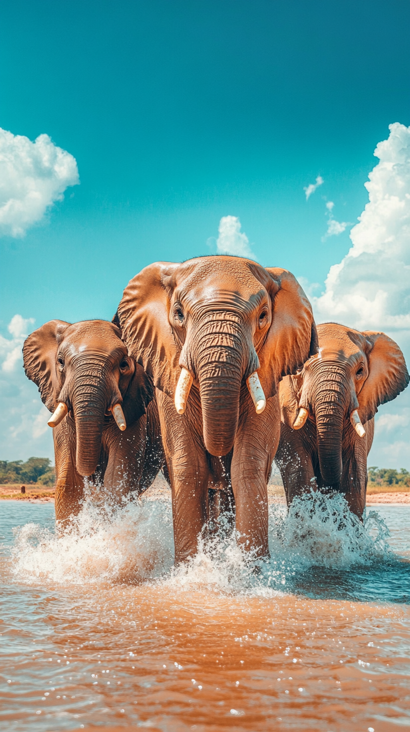 Elephants play happily in lake in Africa.