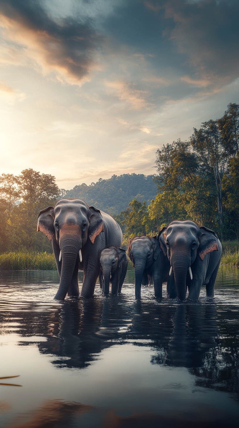 Elephants playing happily in the lake