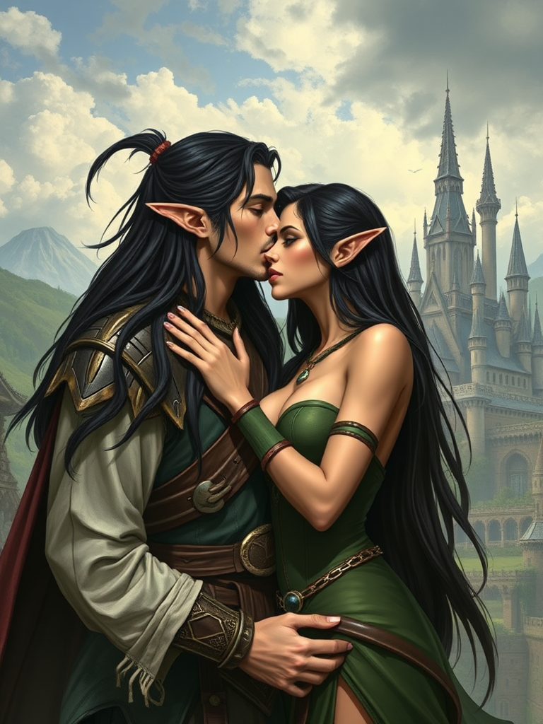 Elf warrior kissing female elf in city.