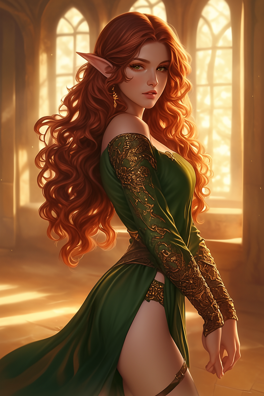 Elf woman with red hair in green dress