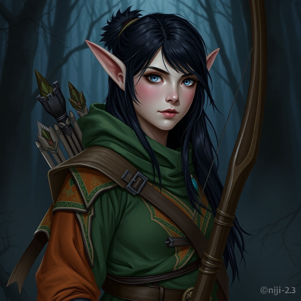 Elven Archer in Forest at Night