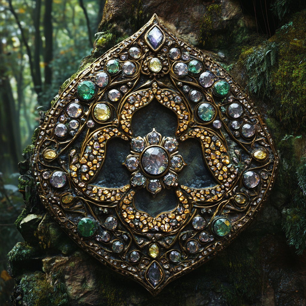 Elven ruins mosaic of gems, metals, forest triskelion design.