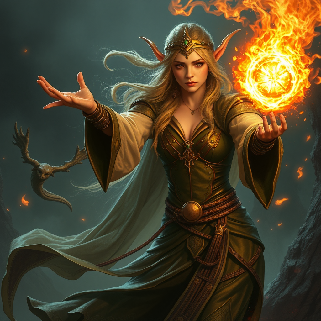 Elven sorceress casting fiery spell in forest.