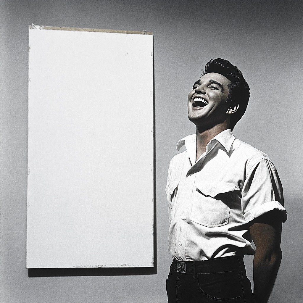 Elvis Presley laughs in front of white canvas