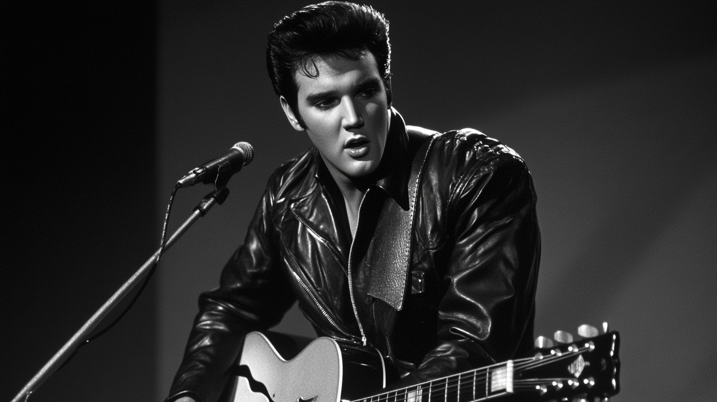 Elvis Presley singing in concert hall with guitar.