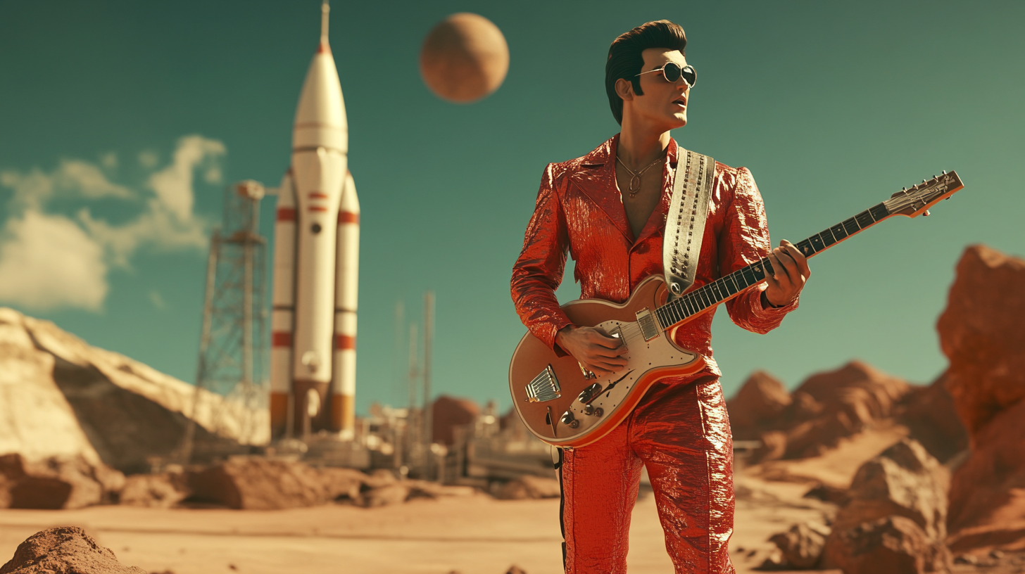 Elvis Presley sings on Mars with guitar.