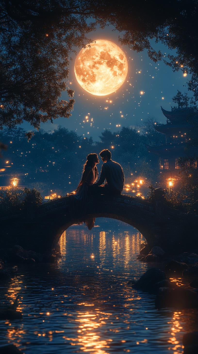 Embracing couple under moonlight in Annie Leibovitz style