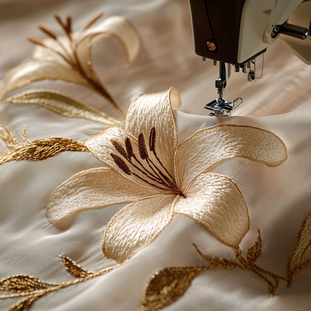 Embroidery artist creates lily flower design on silk