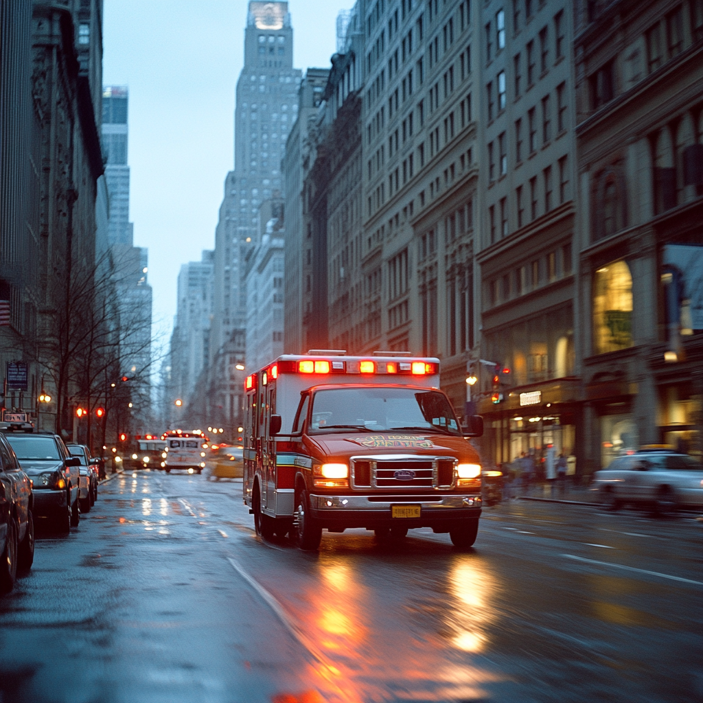 Emergency Ambulance Speeding Through Busy City Street