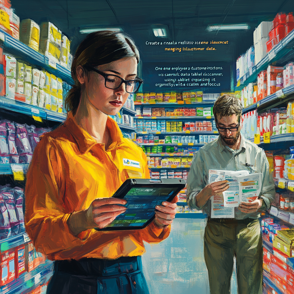 Employee Organizing Customer Data in Supermarket Scene