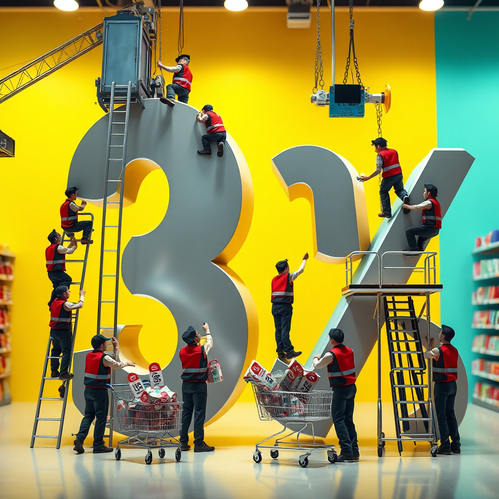 Employees Constructing a Huge Discount Sign in Supermarket