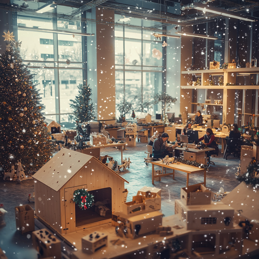 Employees build dog houses in festive Christmas office