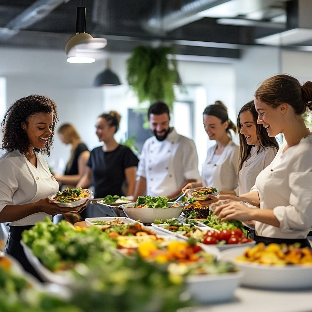 Employees in modern office kitchen, enjoying personalized meals.