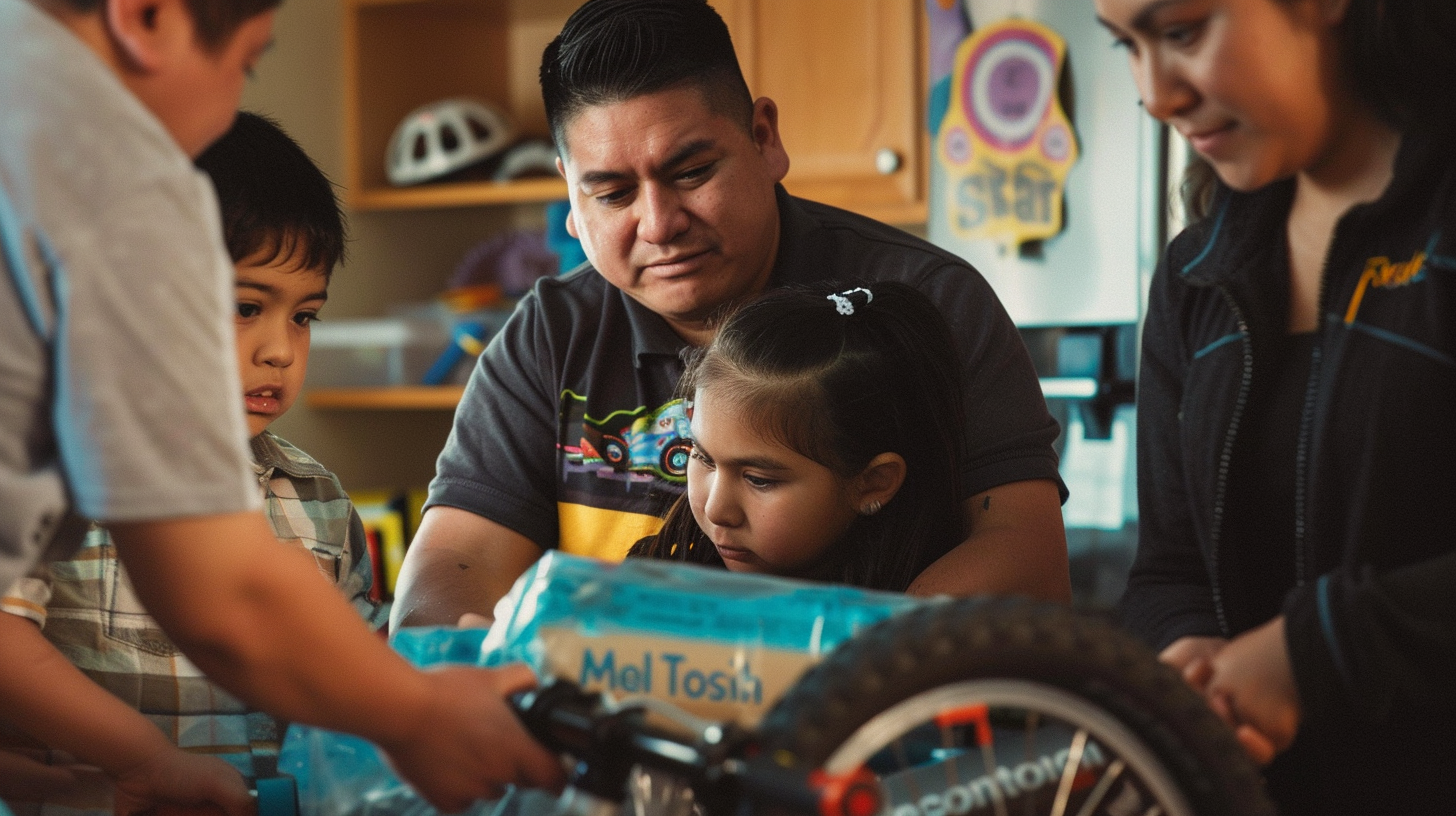 Employees wrap child's bike; family watches; morning light; vivid colors