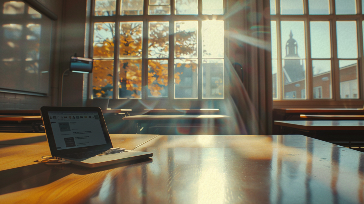 Empty Classroom with Laptop and Tablet in Sunlight