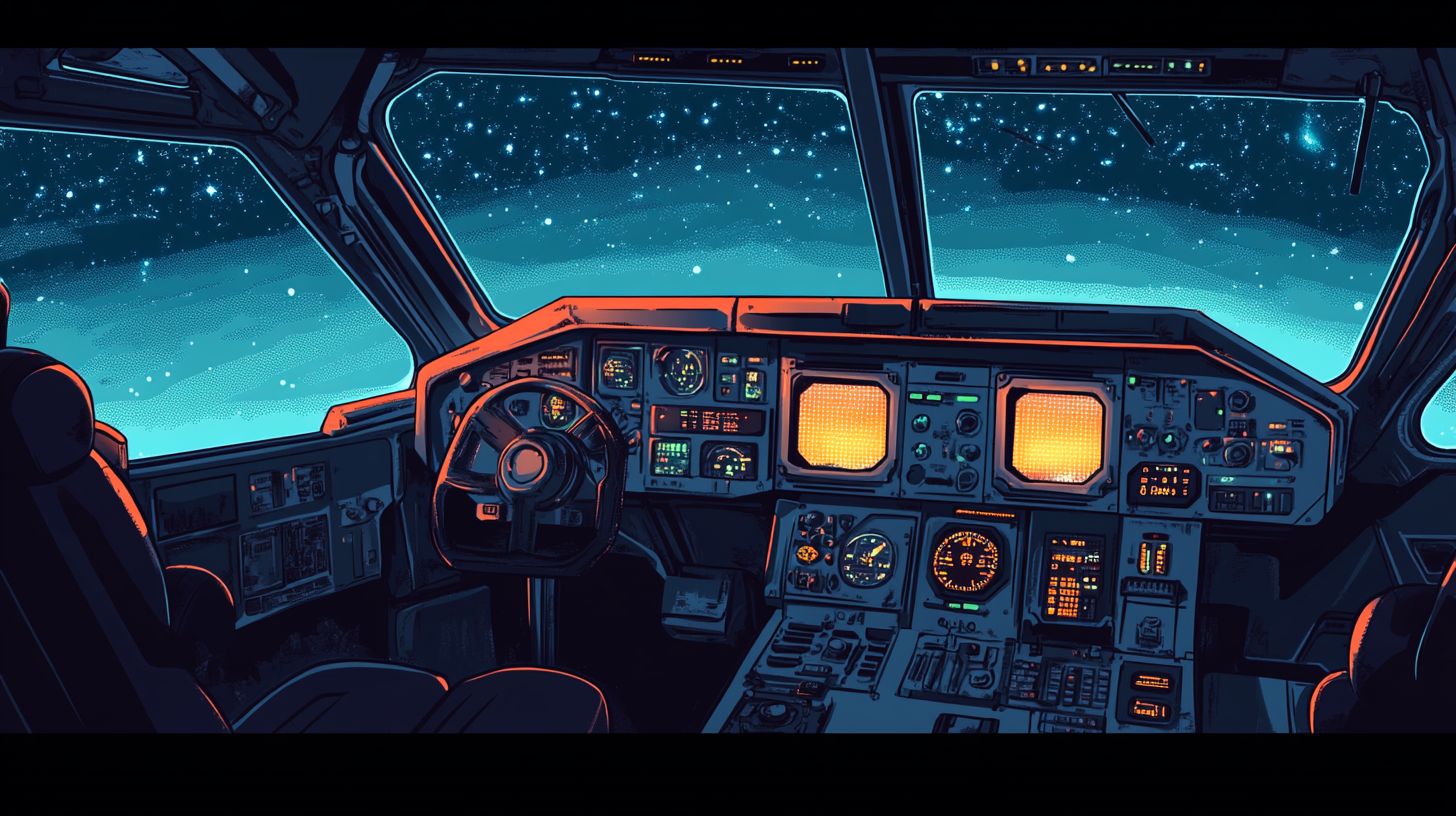 Empty cockpit of giant robot in retro style