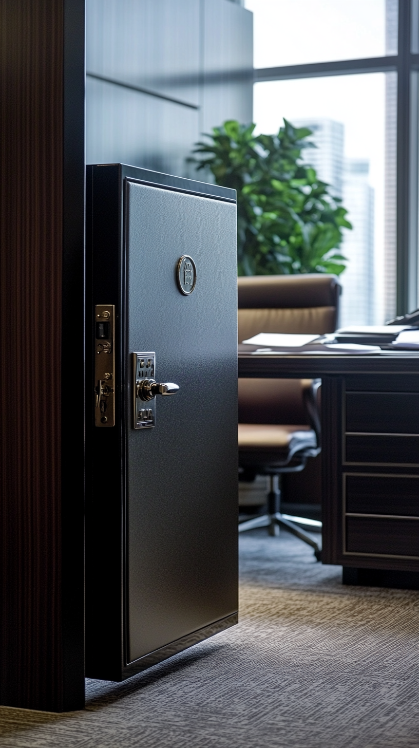 Empty safe in executive's office, contents missing.