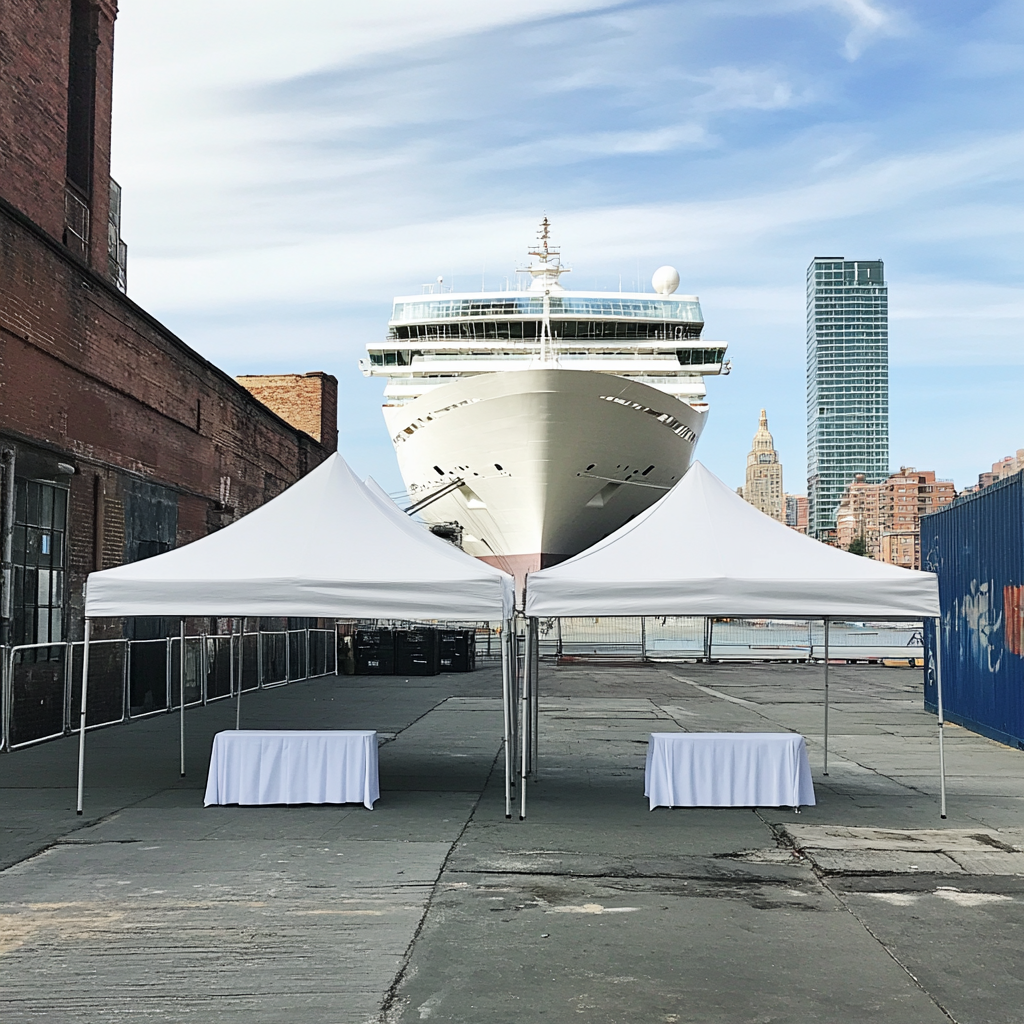 Empty tents and cruise ship in NYC