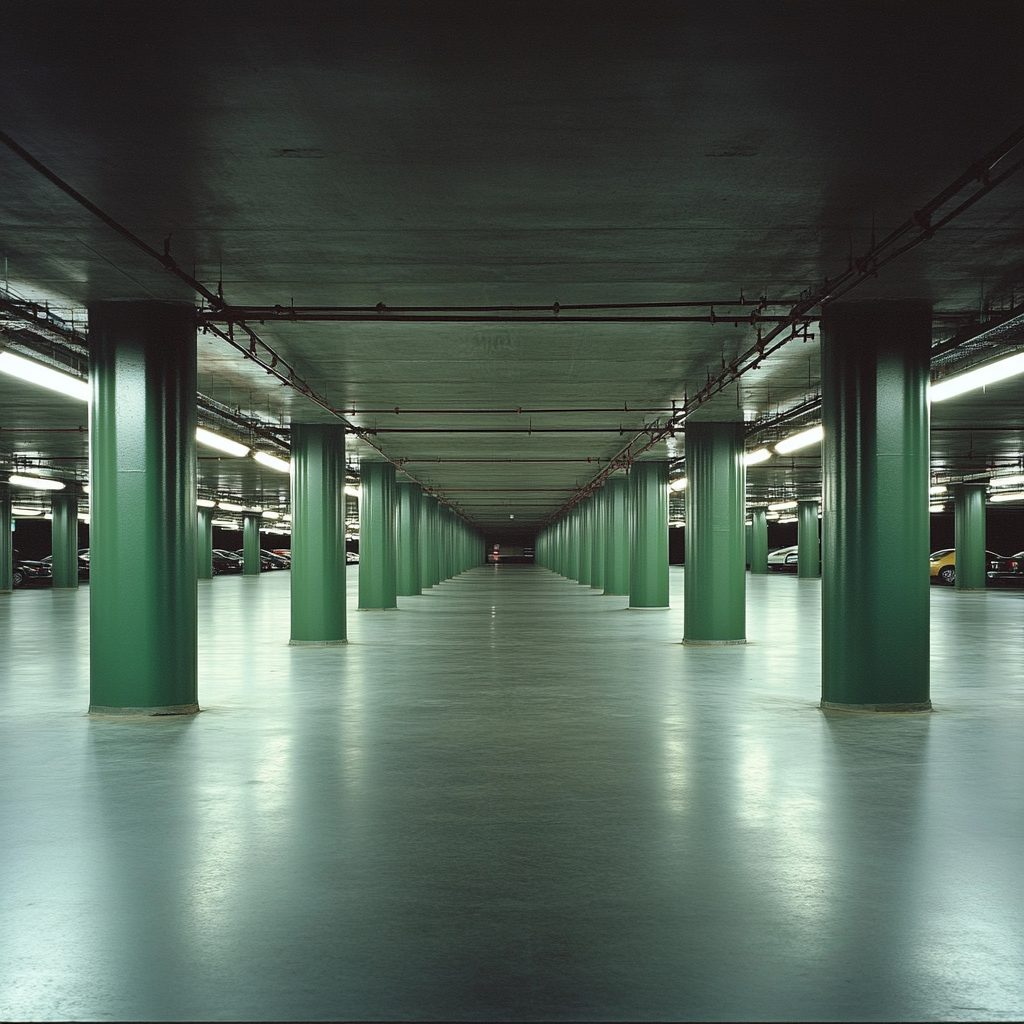 Empty underground parking lot with green pillars