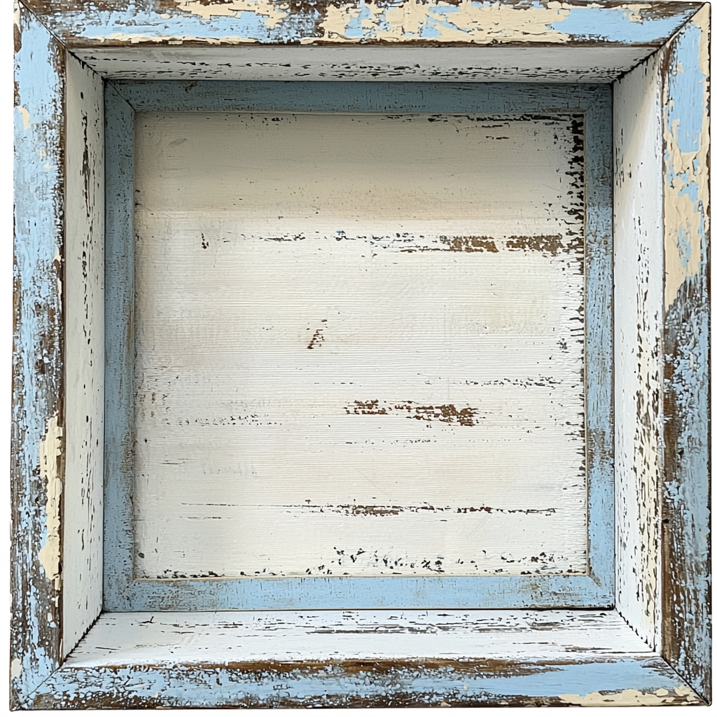 Empty vintage shadowbox with light blue stripes on white.