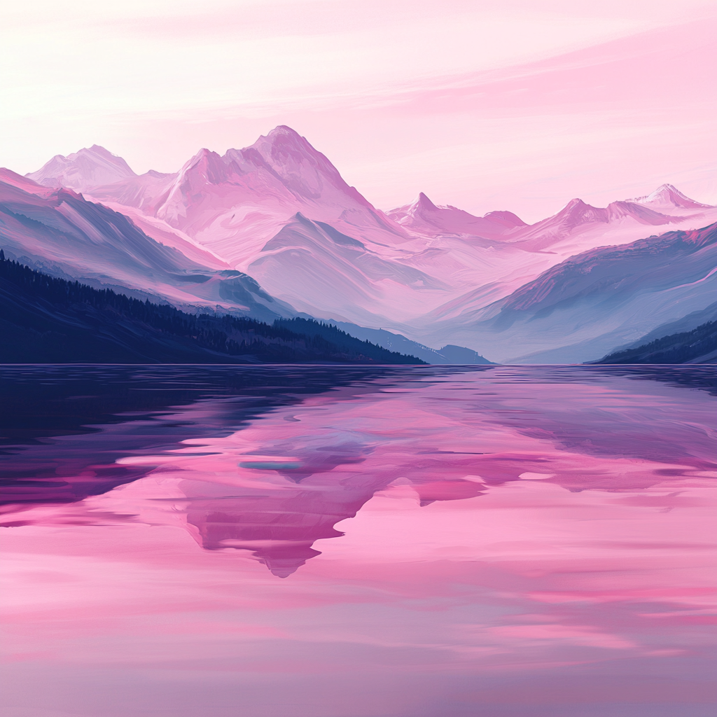 Empty water with pink reflections, distant mountains as backdrop.