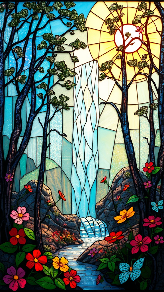 Enchanted Forest in Shimmering Stained Glass Design