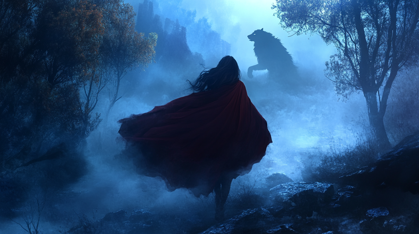 Woman in Red Cloak Running Dramatically