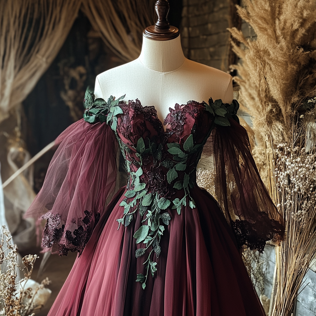 Enchanted forest themed burgundy gown on mannequin