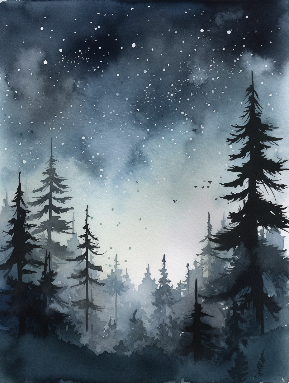 Enchanted night forest scene in watercolor painting