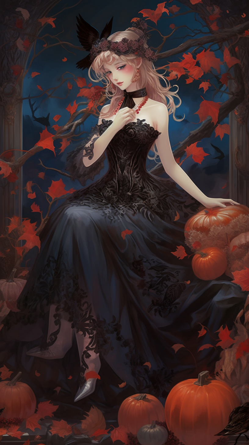 Enchanted sorceress in black rose gown on Halloween night