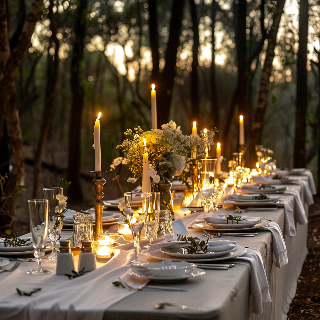 Forest Dinner Party Under Evening Lights