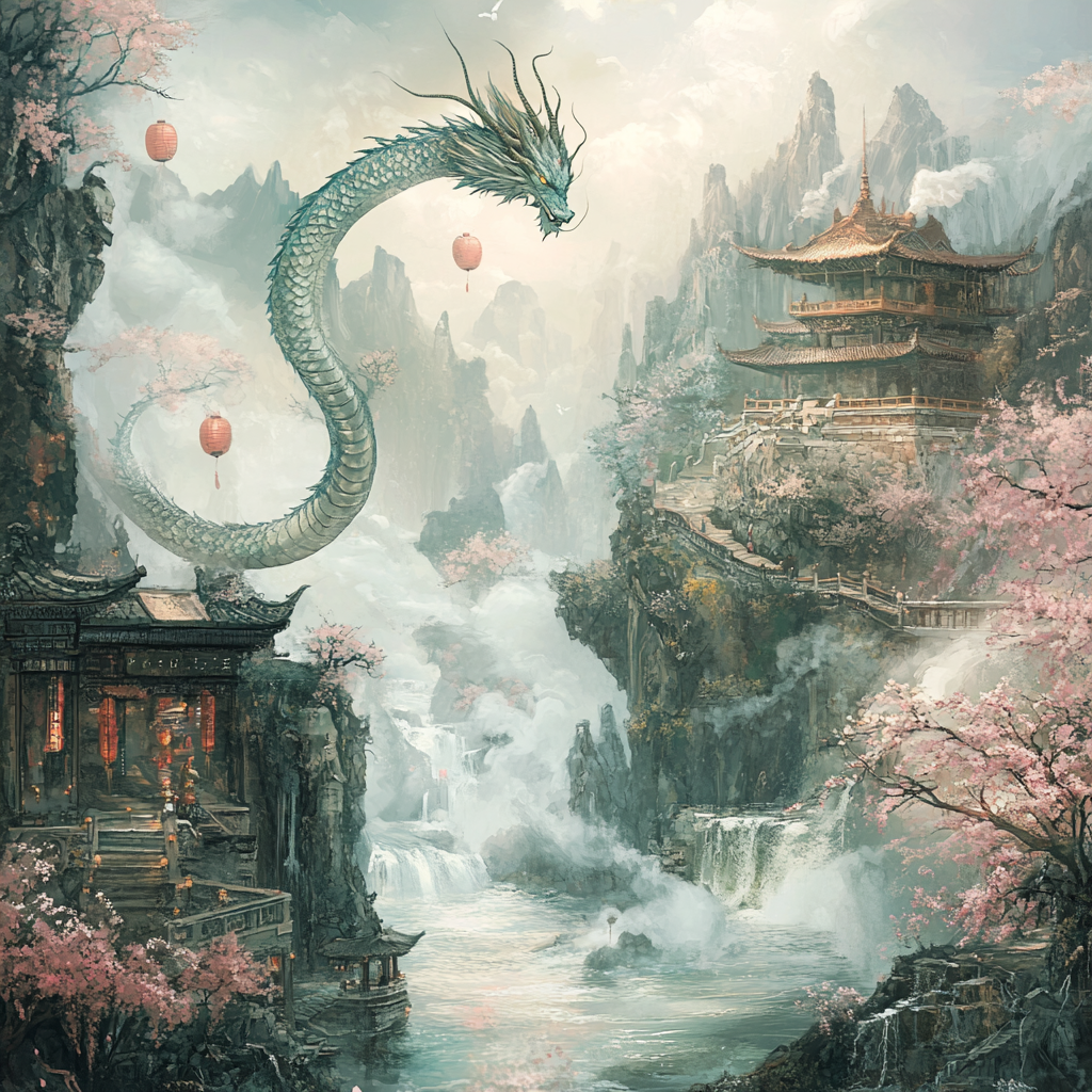 Enchanting Oriental Landscape with Ethereal Dragon