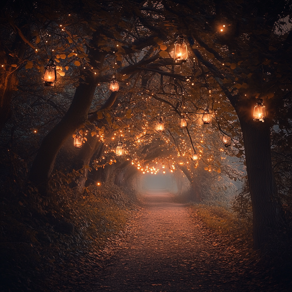 Enchanting Path at Sunrise with Lanterns and Pumpkins