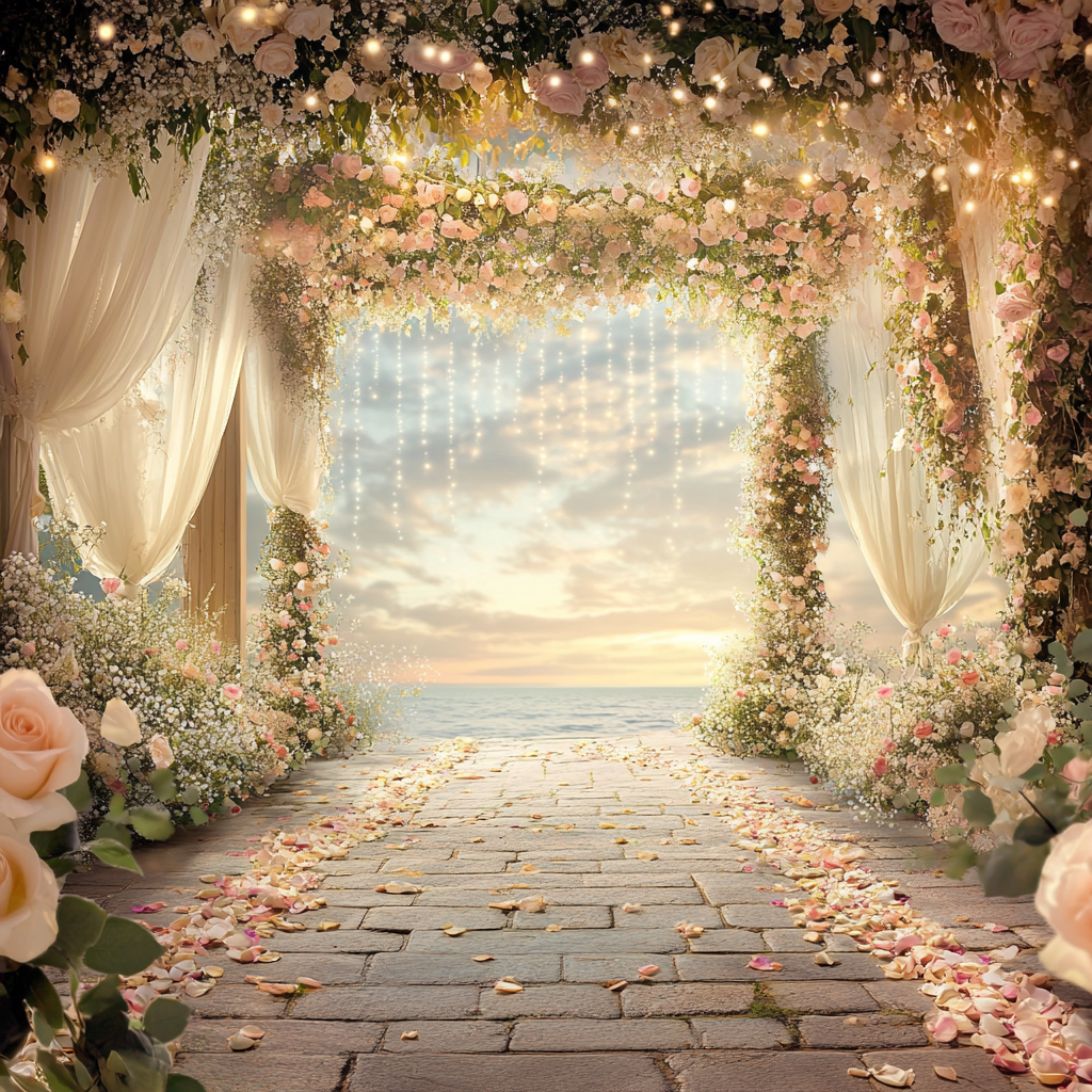 Enchanting fairy tale wedding with sunset sky