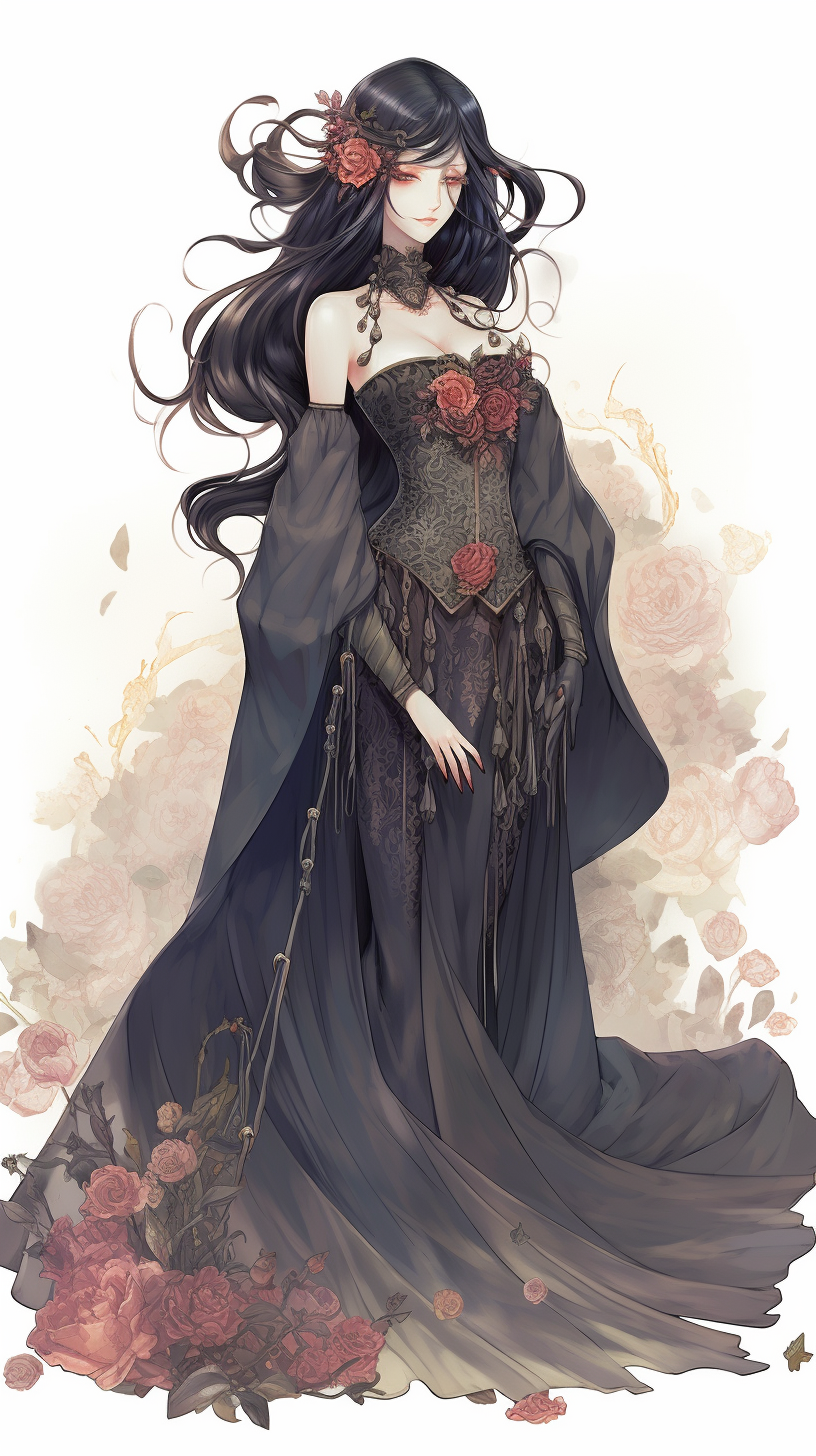 Enchanting sorceress in black rose gown on Halloween night