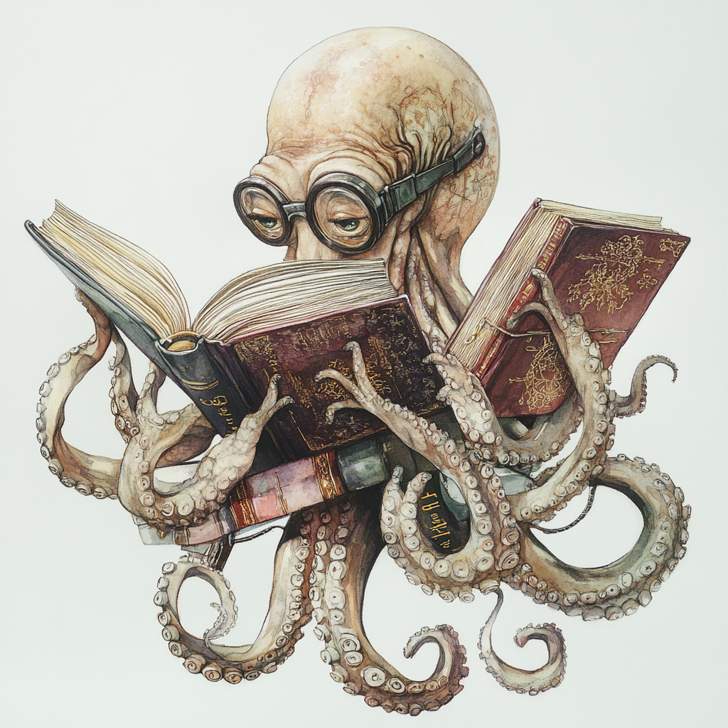 Endearing Octopus Librarian Character in Art Nouveau Style