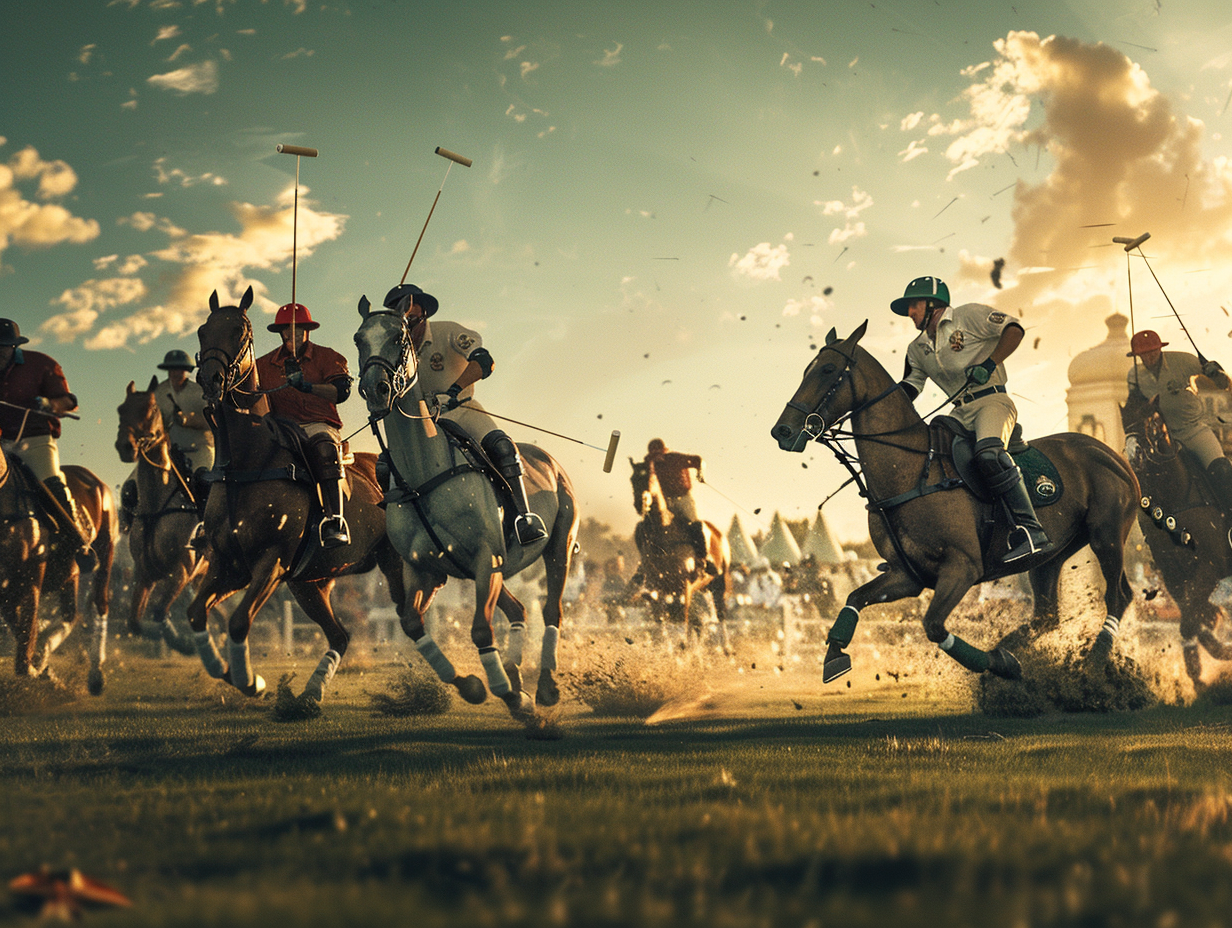 Energetic men's polo game with horses and players.