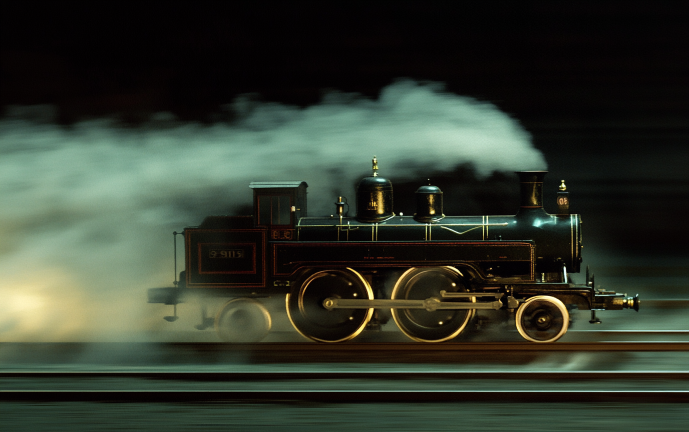 English locomotive in 1900 driving fast at night